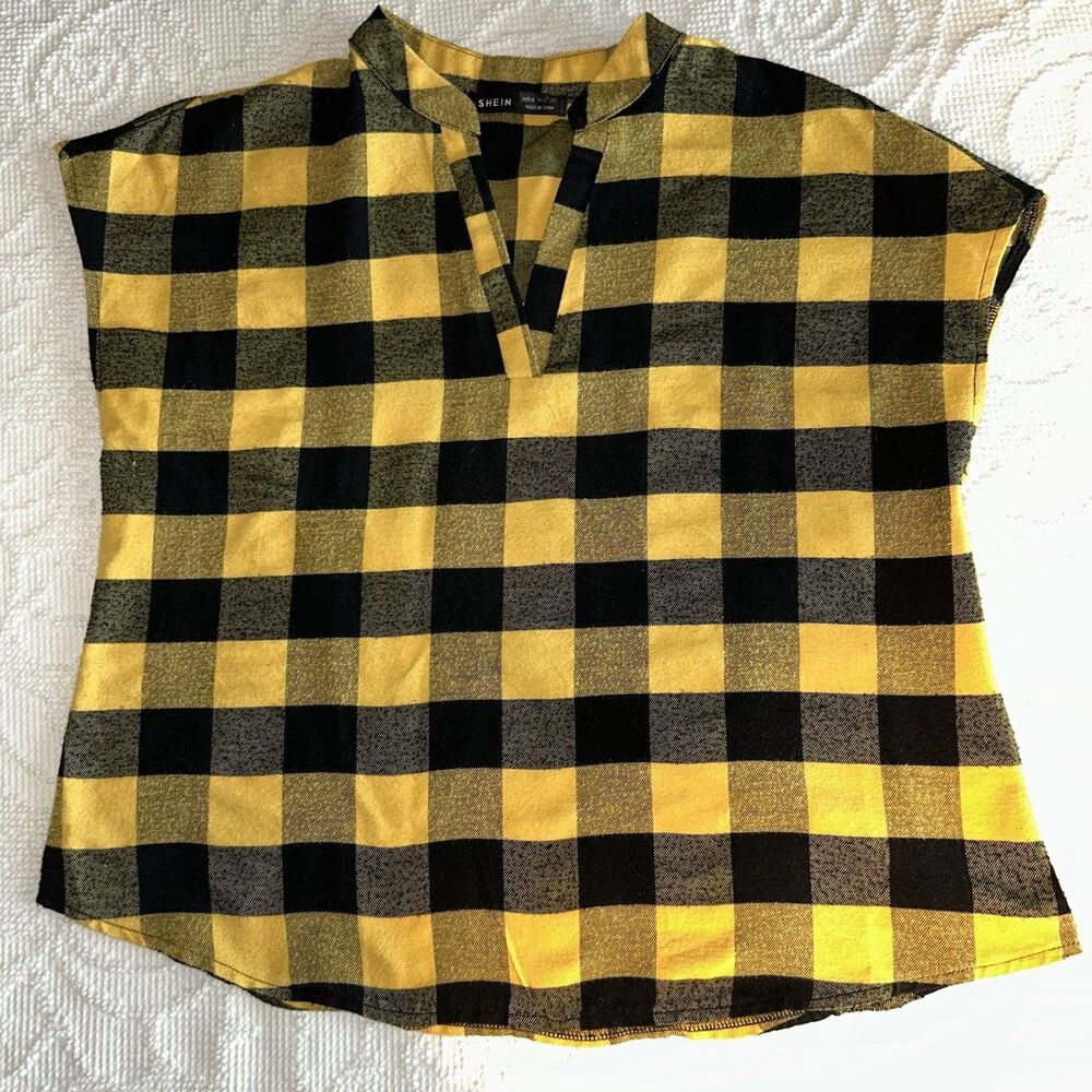 SHEIN Plaid V-Neck Cap Sleeve Woven Blouse M Yellow Black 100% Polyester
